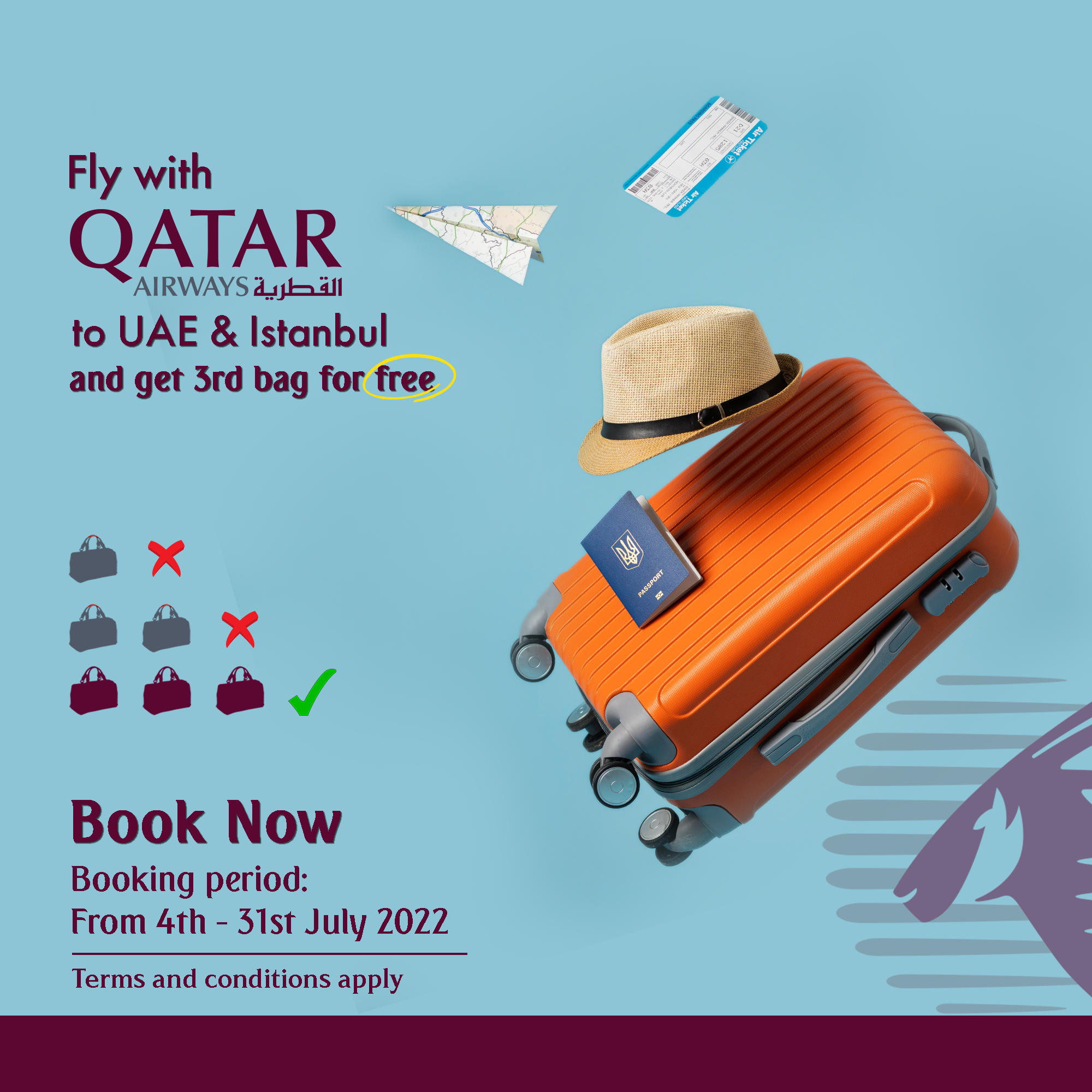 fly with Qatar to UAE & Istanbul and get 3rd bag for free web